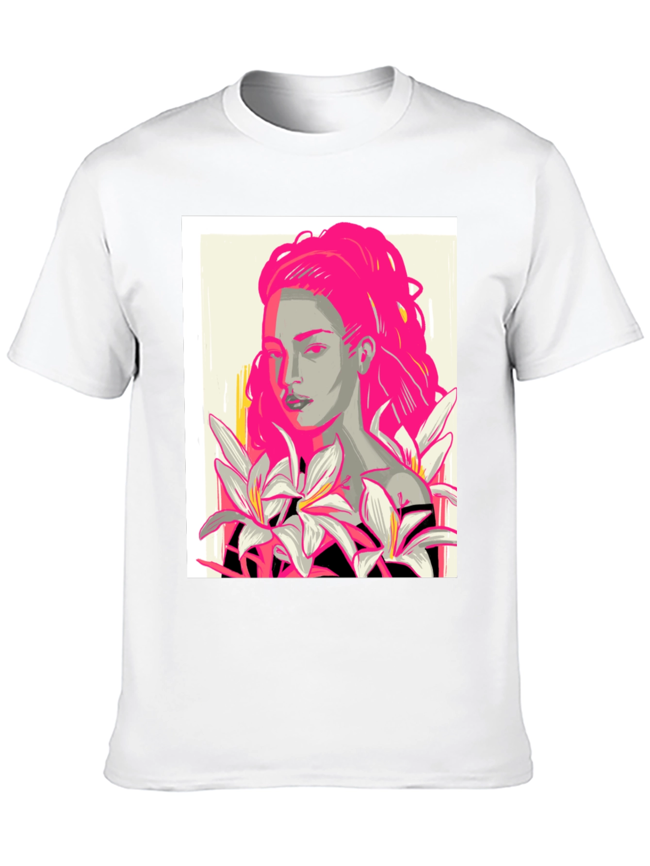 Graphic Print T-Shirt with Woman and Flowers