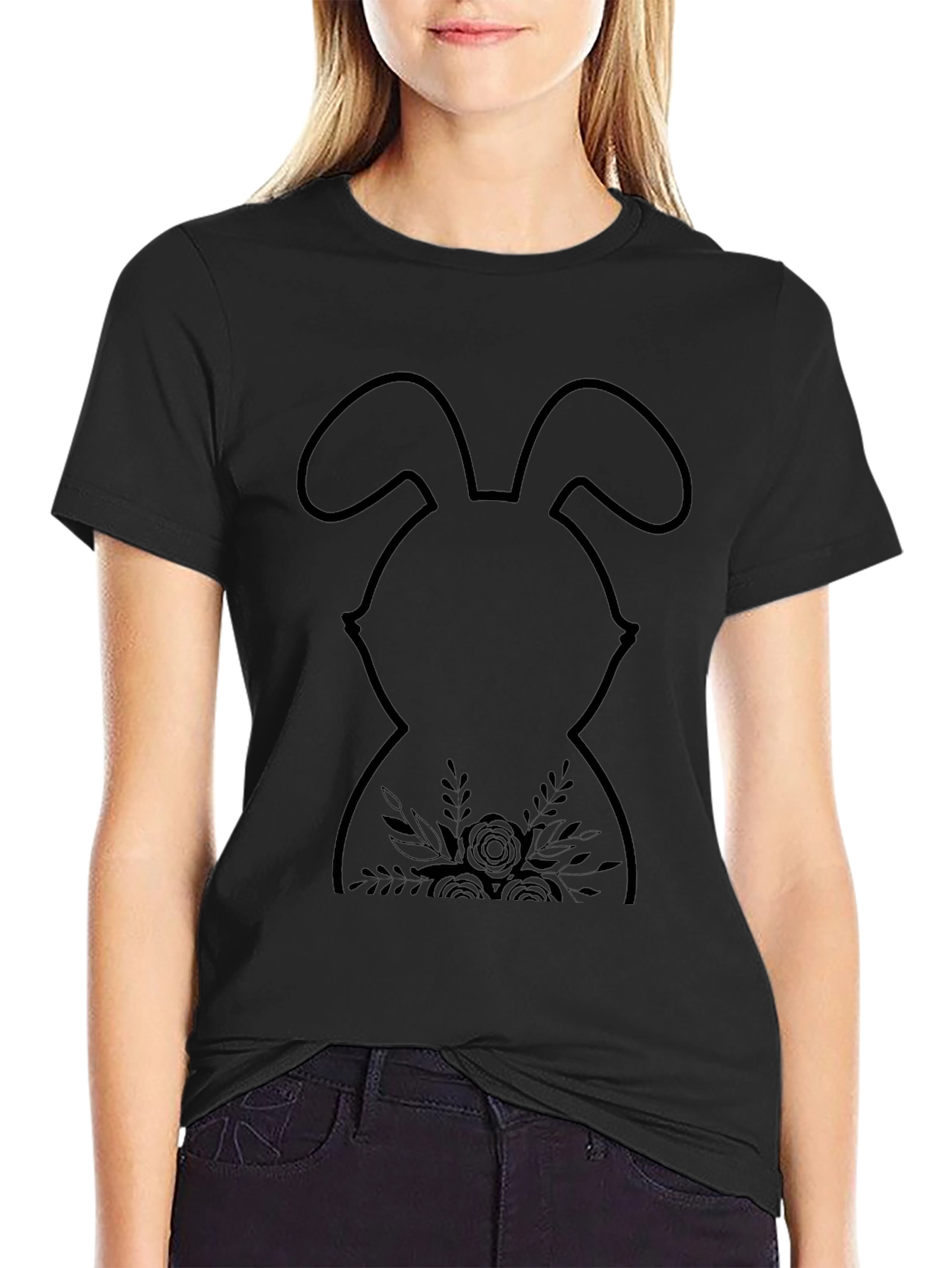 Easter Bunny Floral T-Shirt - Black